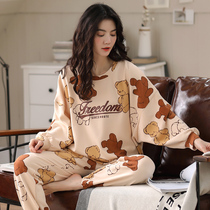 Pajamas women spring and autumn cotton long sleeve cartoon bear set home clothes summer loose size two-piece set tide