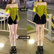 YUMMY pure desire avocado~Korean irregular one-shoulder halter neck bandeau short top half-length pant skirt for women