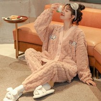 Pajamas womens autumn and winter thickened warm coral velvet cute student home clothes winter plus velvet flannel suit