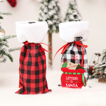 Creative new Christmas decorations embroidered gift snowflake red black grid white plush side wine bottle cover