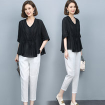 Cotton and linen suit womens summer 2021 new foreign style age reduction loose small man cover meat fashion temperament linen two-piece set