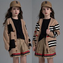 Girls  knitted cardigan autumn 2021 new spring and autumn Western style childrens sweater middle and large childrens sweater jacket trend
