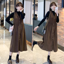 Pregnant women autumn winter clothing set fashion tide mother top sweater corduroy strap skirt two-piece dress