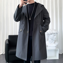 Trench coat mens long spring and autumn hooded English wind knee coat mens handsome jacket suit mens coat