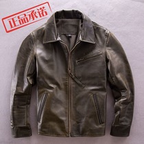 Amikazi 1930 motorcycle leather jacket men vegetable tanned first layer cowhide lapel slim short trendy men leather leather jacket