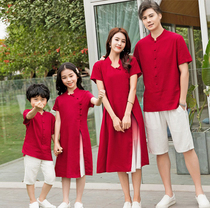 New Years parent-child costume Chinese style family of three Hanfu mother and daughter dress retro Tang suit improved cheongsam summer red