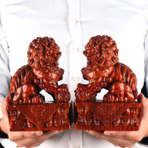 Wood carving lion ornaments a pair of home entrance living room office decorations to lead solid wood carving crafts