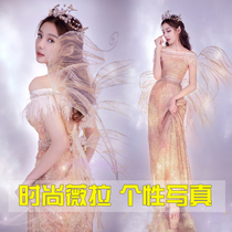 2021 New Dream fairy fairy Genie Mori line one shoulder fish tail gold dress studio art photo photo uniform