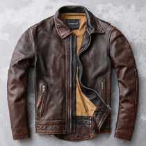 Retro old-fashioned first-layer cowhide leather leather leather mens red-brown youth jacket riding suit swallowtail locomotive slim lapel