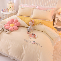 Korean Strawberry Embroidery Four Piece Cotton Chiffon Lace quilt cover Simple Bed Skirt Sheets Princess Bed Hats
