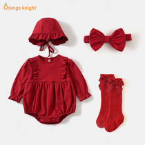 Full Moon Baby Clothes Newborns Female Baby 100 Days Public Main Suit Grabbing Week Red Festive Dress Spring Dress