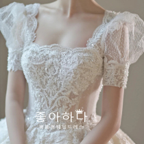 French retro light wedding dress 2021 new bride small simple 2020 big trailing shoulder shoulder door main yarn