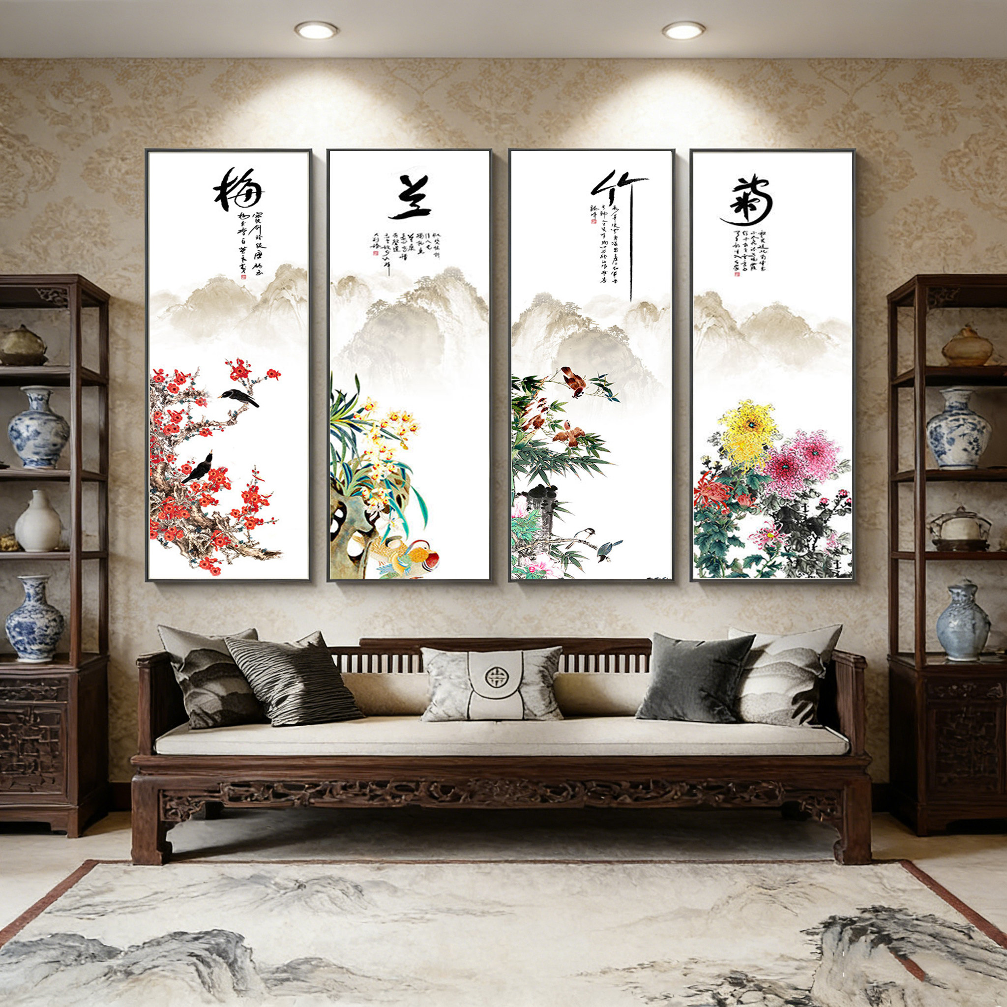 中国古美術★純手描き四条屏・梅兰竹菊画芯★国画・鄭板橋印款・肉筆・宣紙・带水印 梅兰竹菊四条屏纯手绘画芯-梅兰竹菊四条屏纯手绘画芯促销价格、梅兰竹