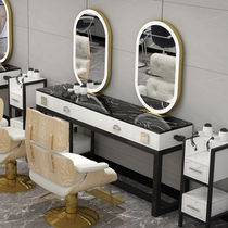 Barber shop mirror LED light hair mirror single-sided beauty makeup cabinet one marble double-sided hot dyeing table