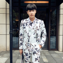Korean suit suit suit mens floral casual performance emcesmie dress British groom slim slim suit three-piece suit
