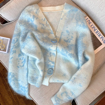 2021 New retro Hong Kong wind loose wear soft milk blue V-neck knitted cardigan coat sweater women spring and autumn