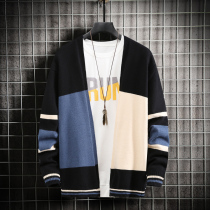  Autumn mens cardigan sweater jacket Youth color-matching sweater thin outer threading coat handsome top