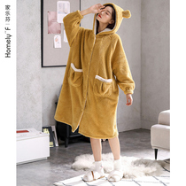 Sleeping robe ladies sleepwear autumn winter style winter flannel thicken plus suede coral suede long and cute bathrobe home clothes