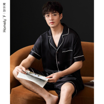 Pajamas mens summer silk ice silk short sleeves shorts home wear mens summer thin imitation silk black set