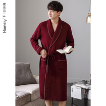 Sleeping robe mens sleepwear spring autumn season thickened pure cotton long sleeve bathrobe autumn and winter style slim clip cotton big red Ben life