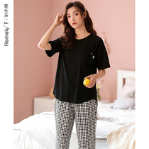 Pajamas Womens summer cotton short-sleeved trousers Home clothes Summer thin cotton casual can go out to wear a suit