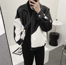 9 9new A tea and Agu black and white contrast leather jacket mens autumn trend New Pike leather jacket