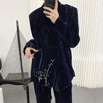 8 25new A tea and Agu blue velvet suit suit men autumn niche suit suit suit two-piece suit