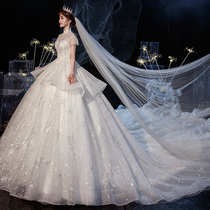 Star Lord Light Wedding 2021 New Bride High Collar French Heavy Industry Luxury Stand Collar Large Tail Court High-end Women