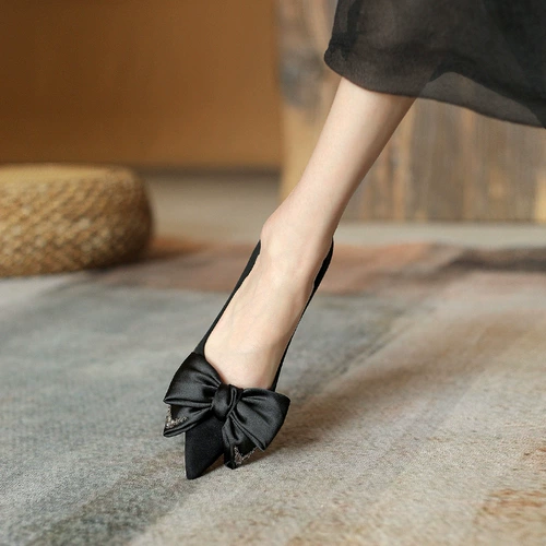 Обувь с бантиком на высоком каблуке, рабочие туфли, 2023 года, тренд сезона, из натуральной кожи, французский стиль