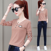 Striped T-shirt Womens base shirt Spring 2021 New Spring and Autumn Clothes Small Shirts Joker autumn clothes on clothes trend