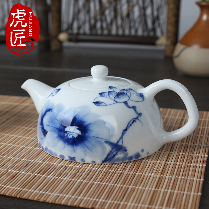 Tiger Craftsman Ceramic Teapot Hand-painted Blue and White Porcelain Teapot Jingdezhen Household Kung Fu Teaware Single Pot Thin Tissue Porcelain