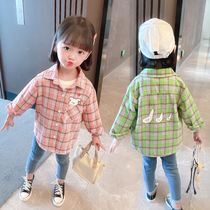 Girls  long-sleeved shirts pure cotton childrens spring and autumn tops outer wear childrens clothing mens baby plaid shirts autumn Korean tide
