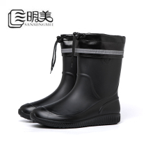 Rain shoes men's spring and summer waterproof middle tube rubber overshoes rubber shoes rubber boots plus cotton warm non-slip fishing shoes short tube water shoes