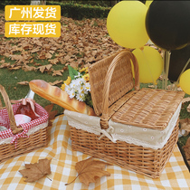 Spring outing outdoor picnic basket ins rattan Japanese pastoral with cover handmade fruit gift bread wicker basket