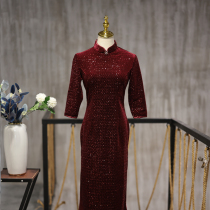 Kes home cheongsam red winter high-end sequins wedding banquet mother dress slim long dress noble temperament