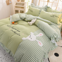 Non-Pilling non-fading Korean thick abrasive bed skirt four-piece set of cute rabbit rabbit three-dimensional embroidery quilt cover sheet