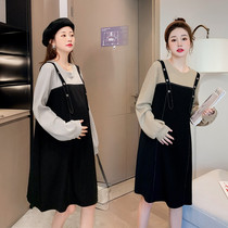 Pregnant women autumn Net red set fashion dress 2021 new fake two pieces loose size skirt spring and autumn