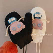 ins gloves Winter female cute Korean plush plus velvet cartoon warm thickened cycling winter neck tide
