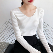 2021 autumn and winter New Wild slim V-neck sweater womens autumn interior tie long sleeve bottoming sweater top