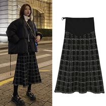 Pregnant womens skirt autumn and winter wear fashion models raw plaid A-line skirt temperament net red knitted skirt