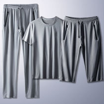 Mens ice silk sports suit mens three sets casual pants men 90% 90% pants 70% loose elastic big code t-shirt