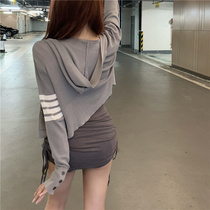 Sunscreen cardigan womens summer thin section outside the Hong Kong flavor striped hooded long sleeve gray short ice silk sweater top