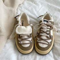Lamb hair niche warm and velvet two cotton shoes womens winter new students Joker retro board shoes ins tide cotton shoes