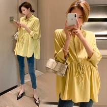  Maternity clothes autumn 2021 new spring and autumn Korean long-sleeved lapel shirt fashion trend mom drawstring top shirt autumn