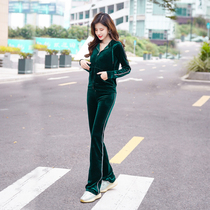 Sports Suit Woman Early Spring Fashion High Fashion Sense 2022 New slim Striped Striped and Acrosse Gold Velvet Two Sets