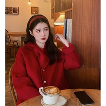 2021 engagement return to the New Year party Autumn and winter red double-sided woolen coat medium long woolen coat women