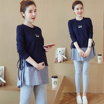 Net red pregnant women autumn suit fashion New Tide mom fake two-piece dress long sleeve t-shirt shirt spring and autumn
