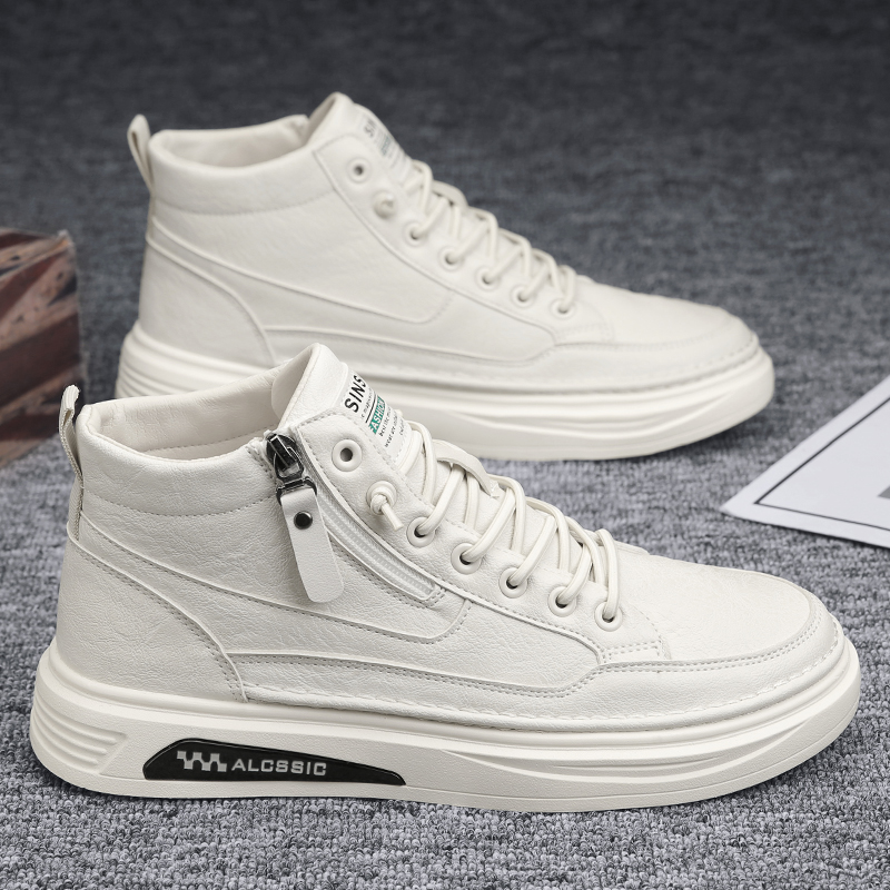 Men's shoes fall 2023 new versatile mid top casual board shoes men's high top sports small white leather shoes waterproof and trendy shoes