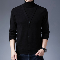 Fake two turtleneck sweater mens autumn and winter black knitwear Korean trend neck warm base shirt