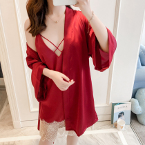 Sleepwear woman red 2022 Spring Summer thin Pure Desire Wind Harnesses Sexy Sleeping Dresses Lace Ice Silk Sleepwear and two sets
